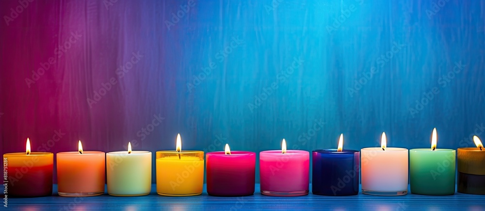 Poster a variety of decorative wax candles arranged on a table with a colorful background providing plenty 