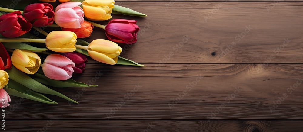 Poster Closeup view of tulip flowers in a vase on a wooden table with copy space for an image