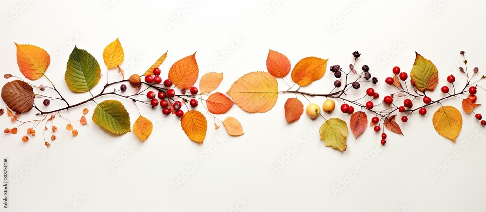 Poster autumn leaves and berries form a frame with a centered inscription copy space image