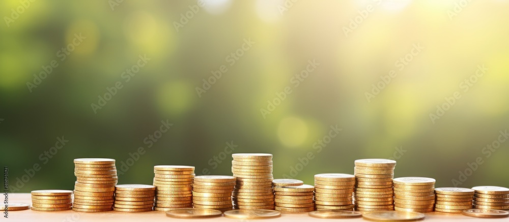 Aufkleber Coins arranged as payment stacked on an empty white table with a blurred nature abstract background Copy space image