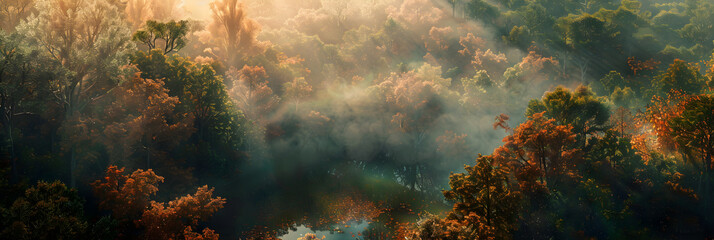 Enchanting Aerial View of Lush Forest Bathed in Morning Light - Powered by Adobe