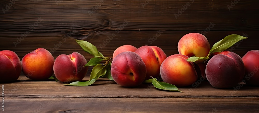 Poster a copy space image of juicy nectarines arranged on a rustic wooden table
