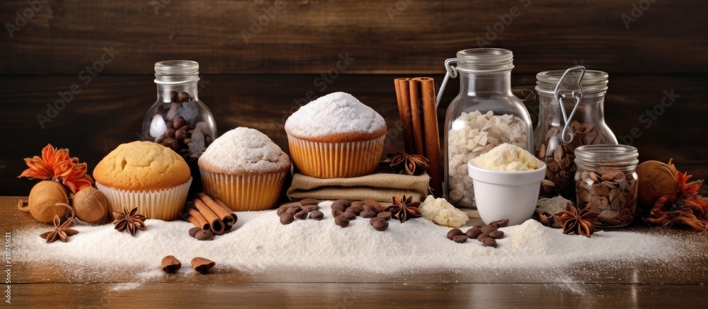 Poster cupcake ingredients include sugar eggs butter baking powder flour cinnamon walnuts and molds. creati