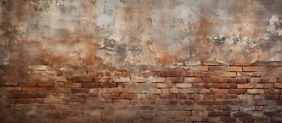 An aged red brick wall with a grungy texture and signs of deterioration providing an intriguing...