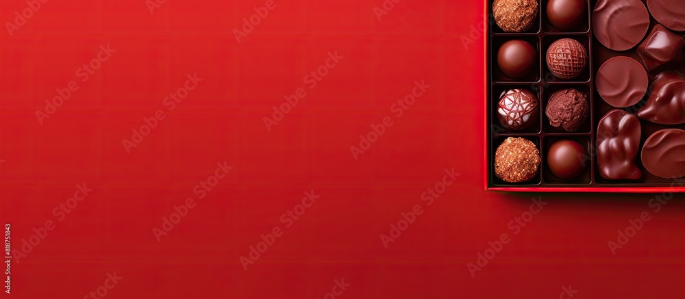 Aufkleber Top view of a partially empty box of chocolate candies on a red background providing ample space for text