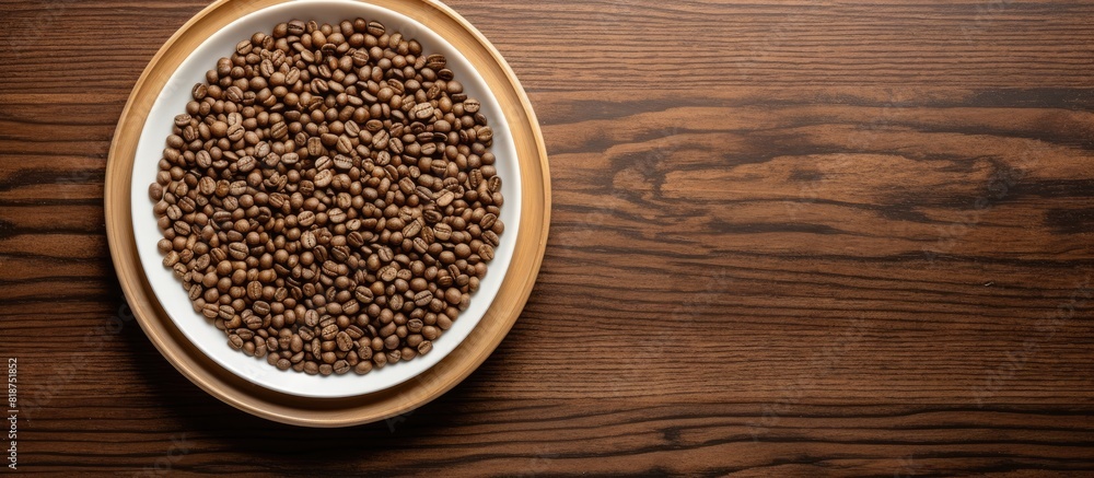 Poster A top down view of a cluster of coffee seeds arranged on a bamboo plate surrounded by a wooden table with empty space for further items. Creative banner. Copyspace image