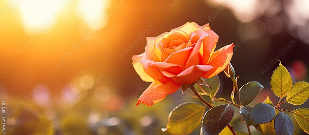 Leinwandbilder in the spring season there is a stunning orange rose with sun light in the background creating a bea