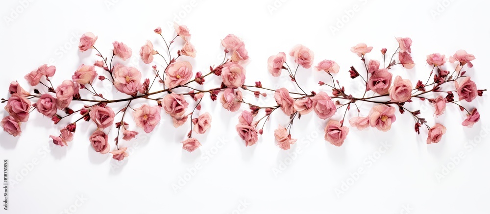 Poster A top down view of dry rose flowers is displayed on a white background in this flat lay image leaving ample copy space