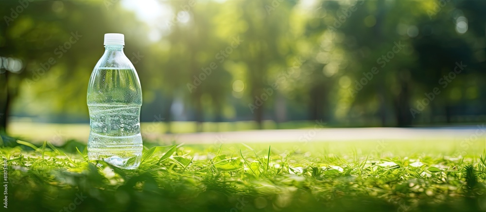 Poster A refreshing bottle of water rests on the lush green lawn with plenty of empty space surrounding it for a clean and uncomplicated image. Creative banner. Copyspace image