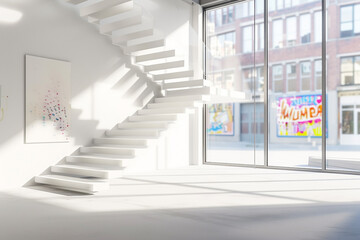Fototapeta premium Modern art center's white floating staircase, seen from a corner with urban art views.