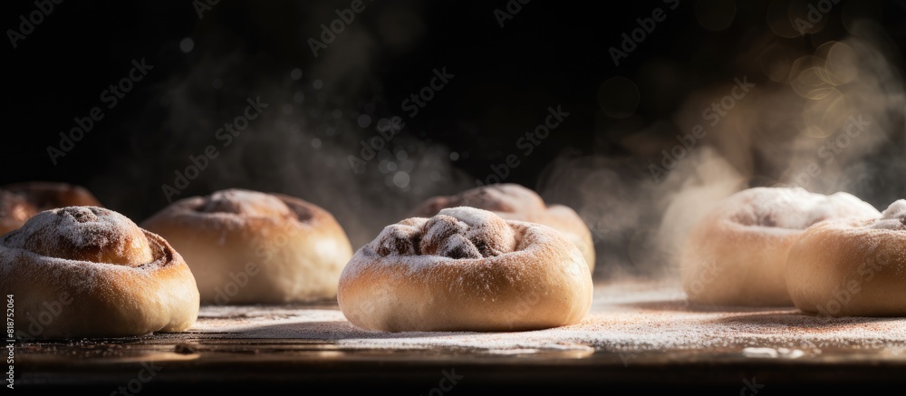 Poster a copy space image featuring the cooking process of raw dough used for cinnabon cinnamon buns