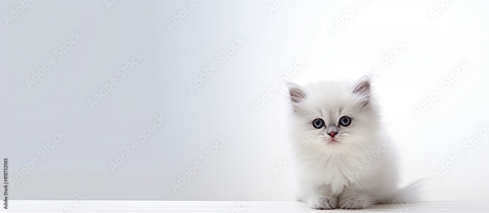 Poster a cute white fluffy kitten sitting on a light background with copy space image