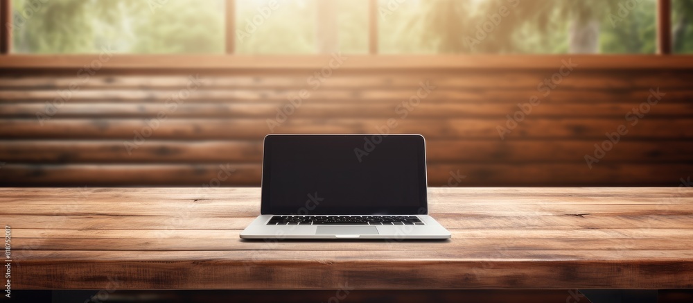 Poster indoors an empty wooden table showcases a sleek new laptop with ample copy space image
