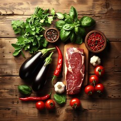 Ingredients, products for meat dish with vegetables on wooden surface, top view