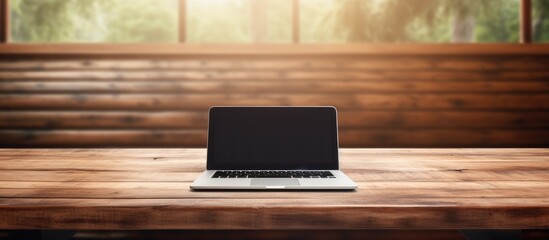 Indoors an empty wooden table showcases a sleek new laptop with ample copy space image