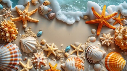 Write a Facebook post introducing our beach-themed product line with sea accessories on a colorful wooden floor.