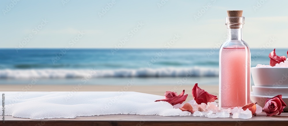 Sticker A table displaying a bottle of rose essential oil alongside sea salt with plenty of copy space for an image