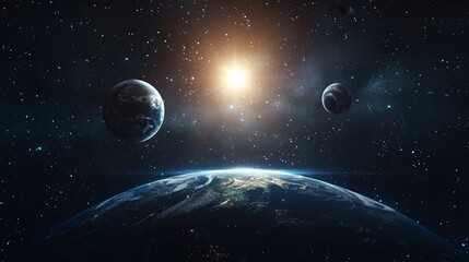 3D rendering, three planets orbiting the sun in space with earth as foreground, with dark background