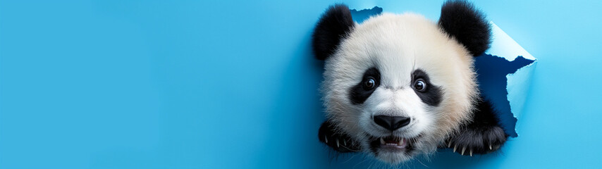 Obraz premium Adorable panda cub peeking through a torn blue paper. Copy space. Generative AI 