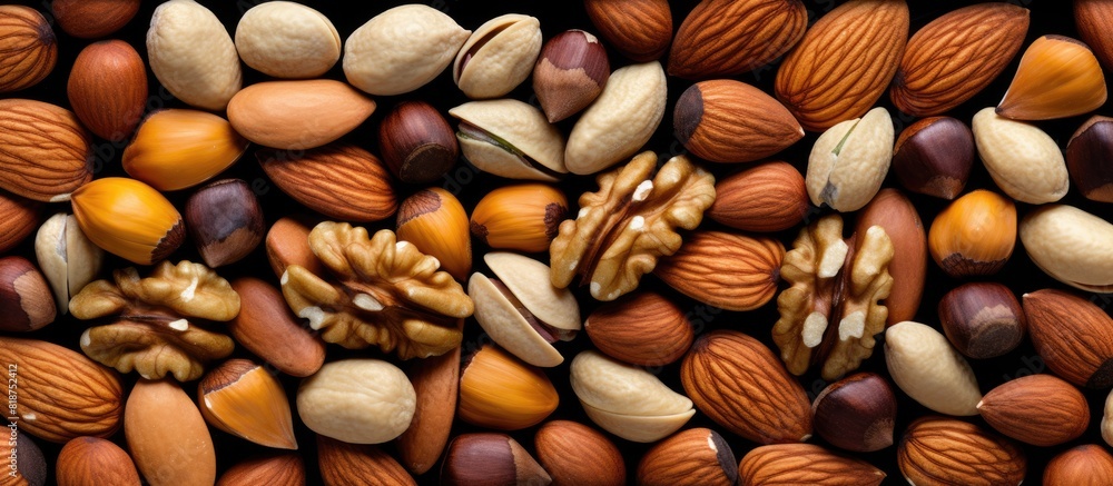 Aufkleber Colorful background with a delightful assortment of coated nuts for a copy space image