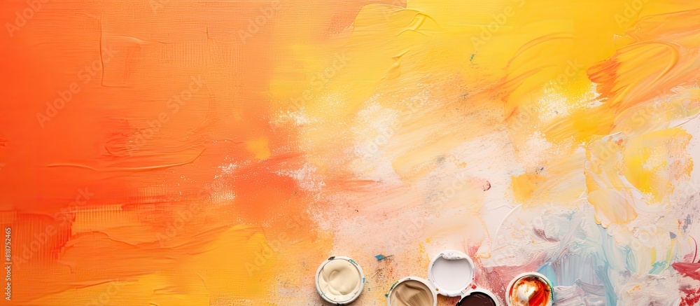 Aufkleber Top view of watercolor paints on an orange background Copy space image for adding text