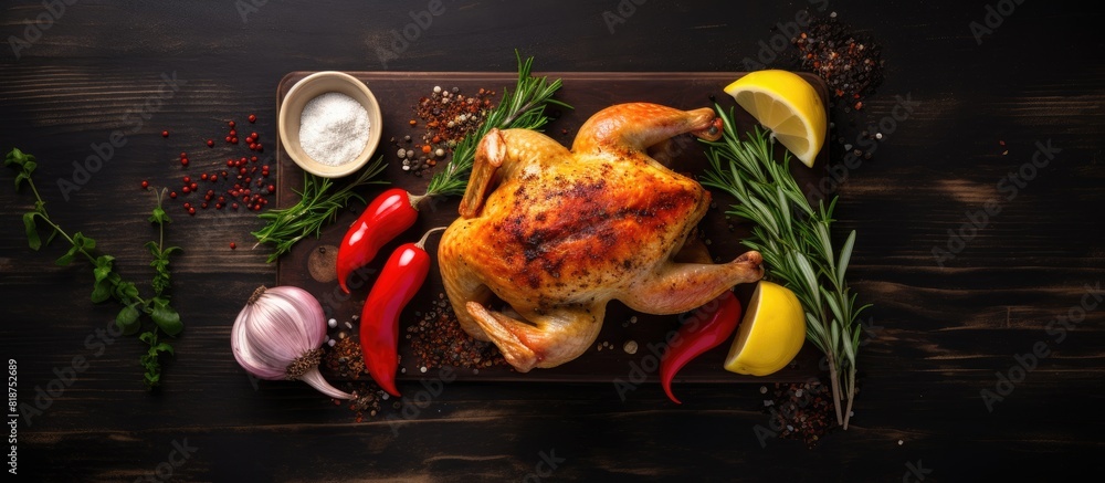 Aufkleber Top view of a dark background with a whole raw chicken that is adorned with herbs and spices Copy space is available