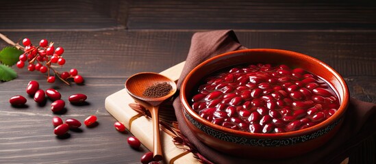 Red bean paste a sweet filling made from azuki beans is a delicious ingredient commonly used in Asian desserts. Creative banner. Copyspace image