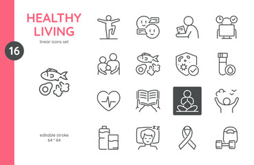 Healthy Living Icon Set. Linear Icons of Healthy Lifestyle Activities and Habits. Includes Keto Diet, Nutrition, Exercise, Mental Health, and More. Editable Vector Sign Collection.
