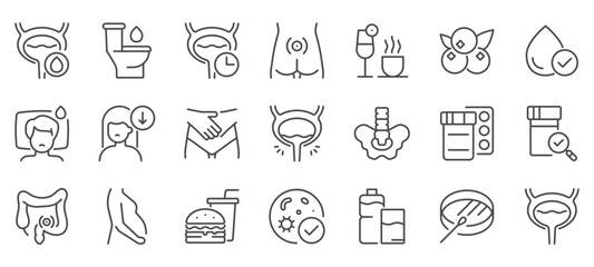 Urinary Incontinence Icon Set. Linear Icons of Bladder Control Issues, Bladder Leakage Symptoms, Diagnostics and Urine Lab Tests. Includes Frequent Urination, Irritants, and Injections. 