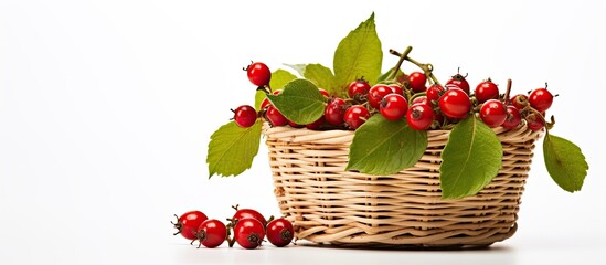 A basket containing freshly picked rose hip berries and leaves set against a white background perfect for copy space image
