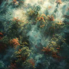 Enchanting Aerial View of Lush Forest Bathed in Morning Light