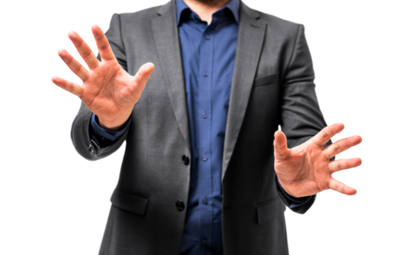 Businessman with outstretched hands, partial torso visible, isolated on white background, concept of presentation or offer