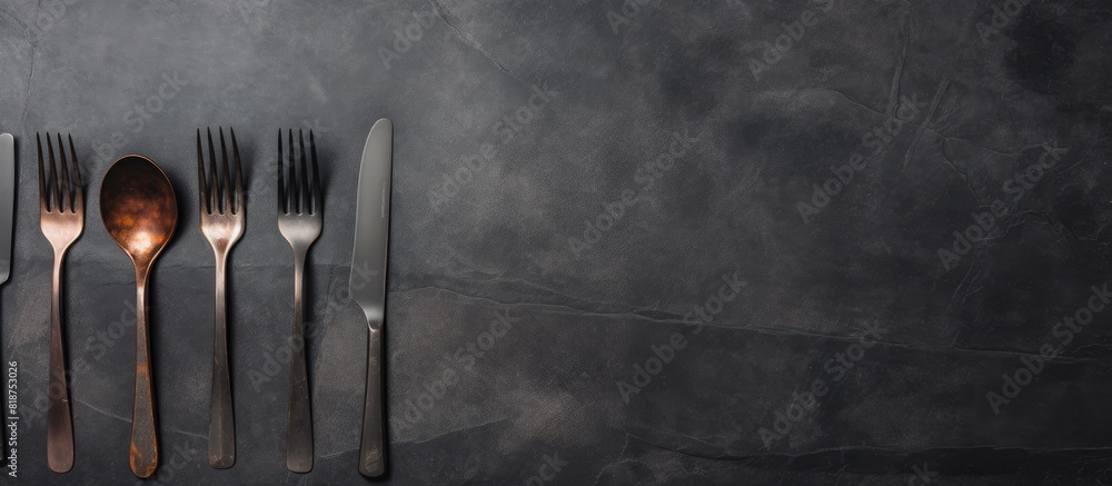 Aufkleber Top view of a set of salad cutlery on a dark background made of slate stone or concrete with ample space for additional images or text