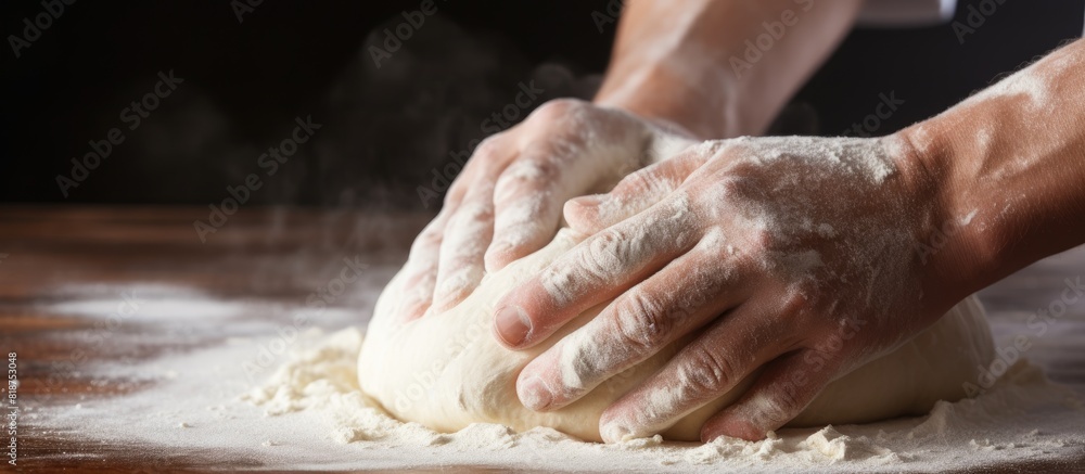 Poster a closeup of someone kneading a smooth dough with room for text design. creative banner. copyspace i