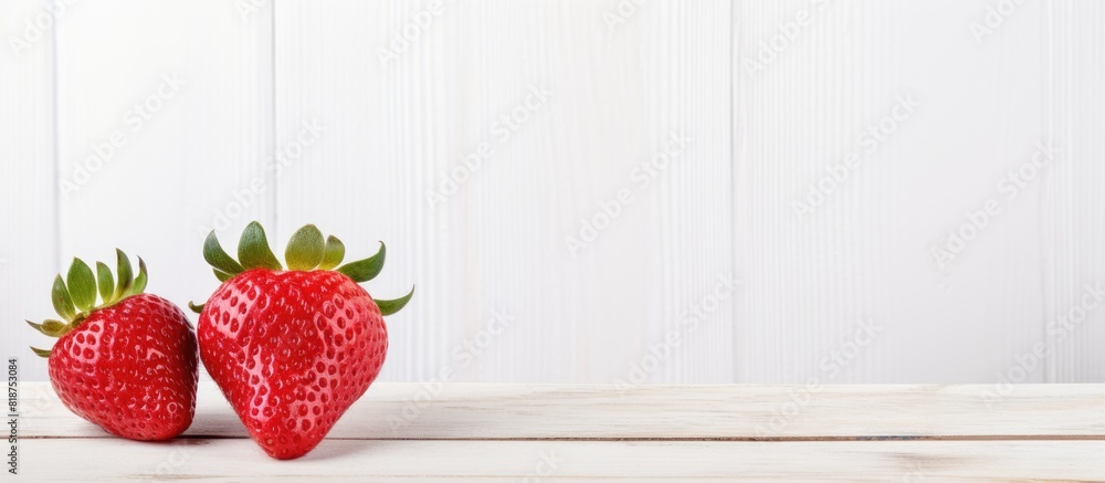 Poster a close up copy space image of a strawberry placed on a white wooden background