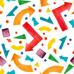 Seamless pattern with different geometric shapes and shapes. Watercolor multi-colored drawing isolated on a white background.