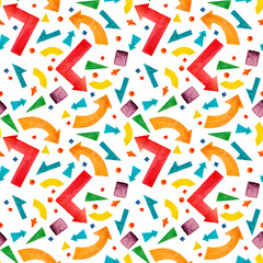 Seamless small confetti pattern with various geometric shapes and shapes. Watercolor multicolored drawing isolated on a white background.
