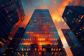 Gazing at a tall building with a sunset behind it, amidst a cloudy sky - Powered by Adobe