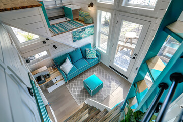 Tiny house with a bright blue storage staircase, seen from the upper loft.