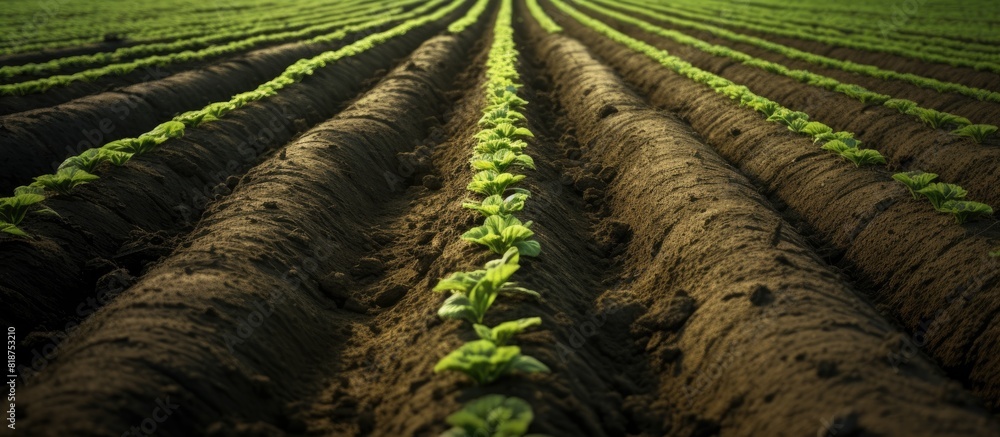 Poster rows of newly planted crops growing in the soil with plenty of space for copy images