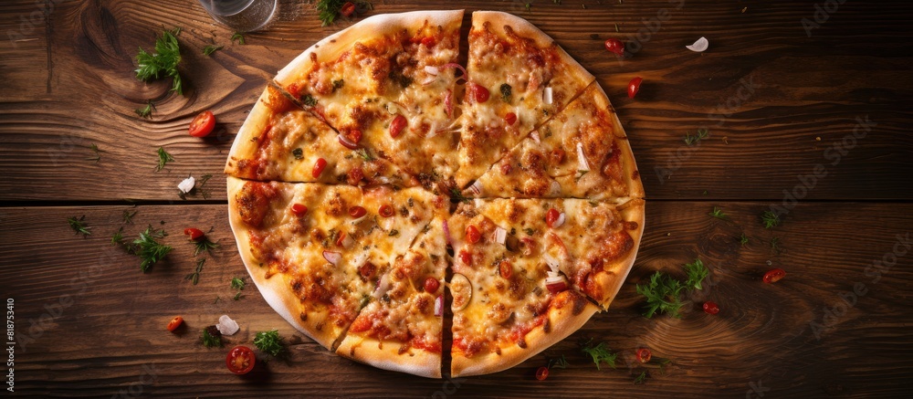 Aufkleber A view from above showcasing a delicious pizza placed on a wooden table in a cozy cafe with ample copy space for an image