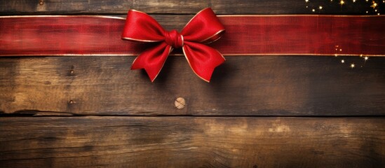 A copy space image featuring a rustic wooden background adorned with a vibrant red Christmas ribbon