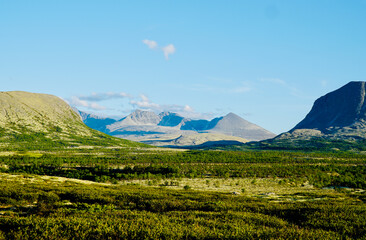 Panoramic view of Grimsdalen valley and surrounding mountains in Norway