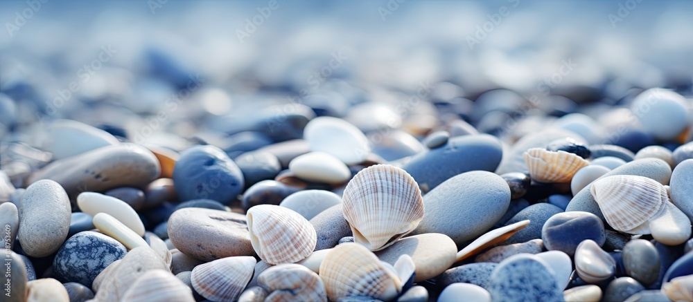 Poster copy space image of shells scattered on a rocky beach