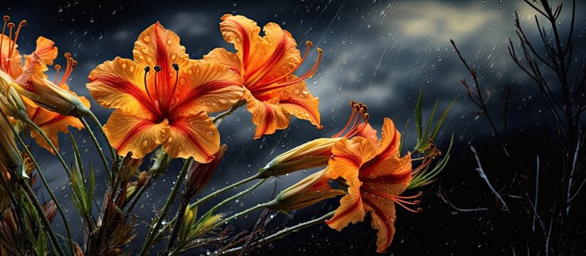 During the onset of the rainy season a unique flower known as amarylis blossoms adding vibrant colors to the landscape 120 characters. Creative banner. Copyspace image