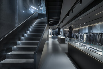 Obraz premium Designer clothes line the path of a matte black staircase in a luxury fashion store.
