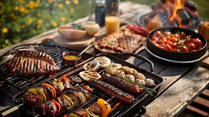 Assorted foods during gourmet outdoor barbecue