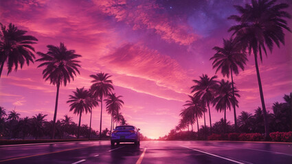 A pink sky at sunset with palm trees on both sides of a road.

 - Powered by Adobe