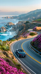 Epic and cinematic scene of a convertible driving on a road near a cliff full of pink flowers, summer concept vacation concept holidays