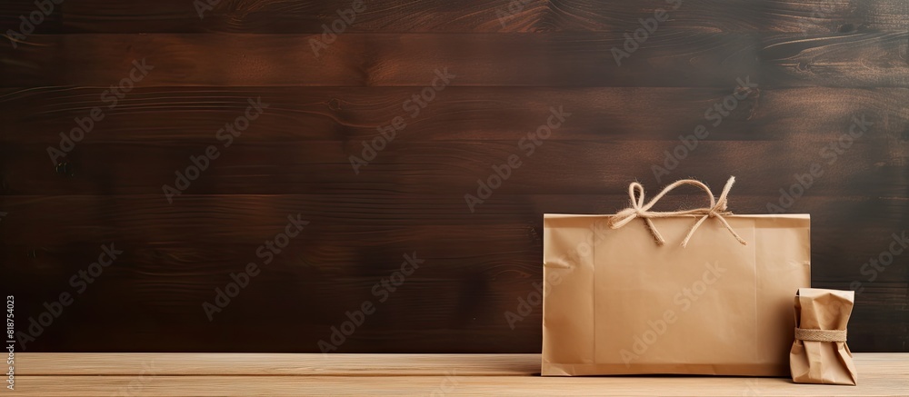 Poster There is a gift box and a blank brown paper bag placed on a table with a wooden background creating a visually appealing copy space image